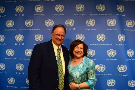 Mel Duncan with Peace Operations Review Panel member, Dr. Rima Salah after the release of the report